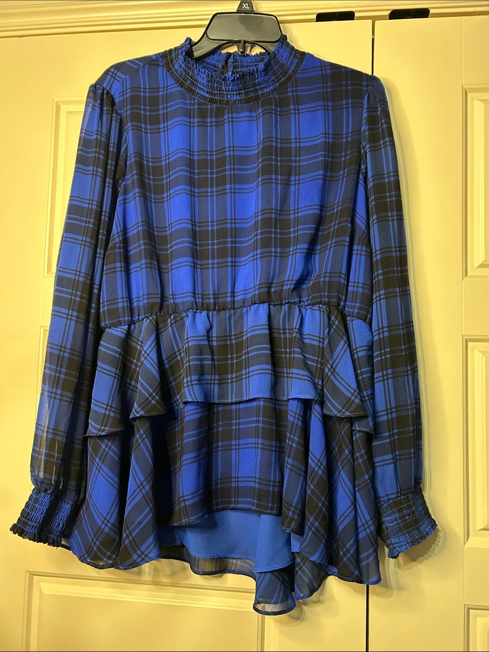 torrid Blue and Black Plaid Peplum Long-Sleeve Top